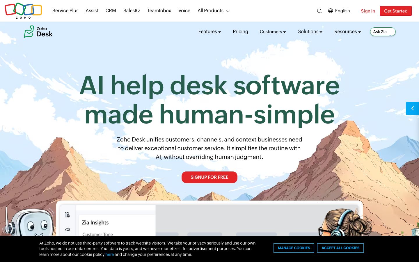 Captura de pantalla del sitio de Zoho Desk